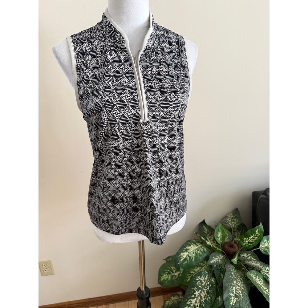 Sigrid Olsen Golf & Tennis Tank Top Zip Neck Womens Black Grey Print